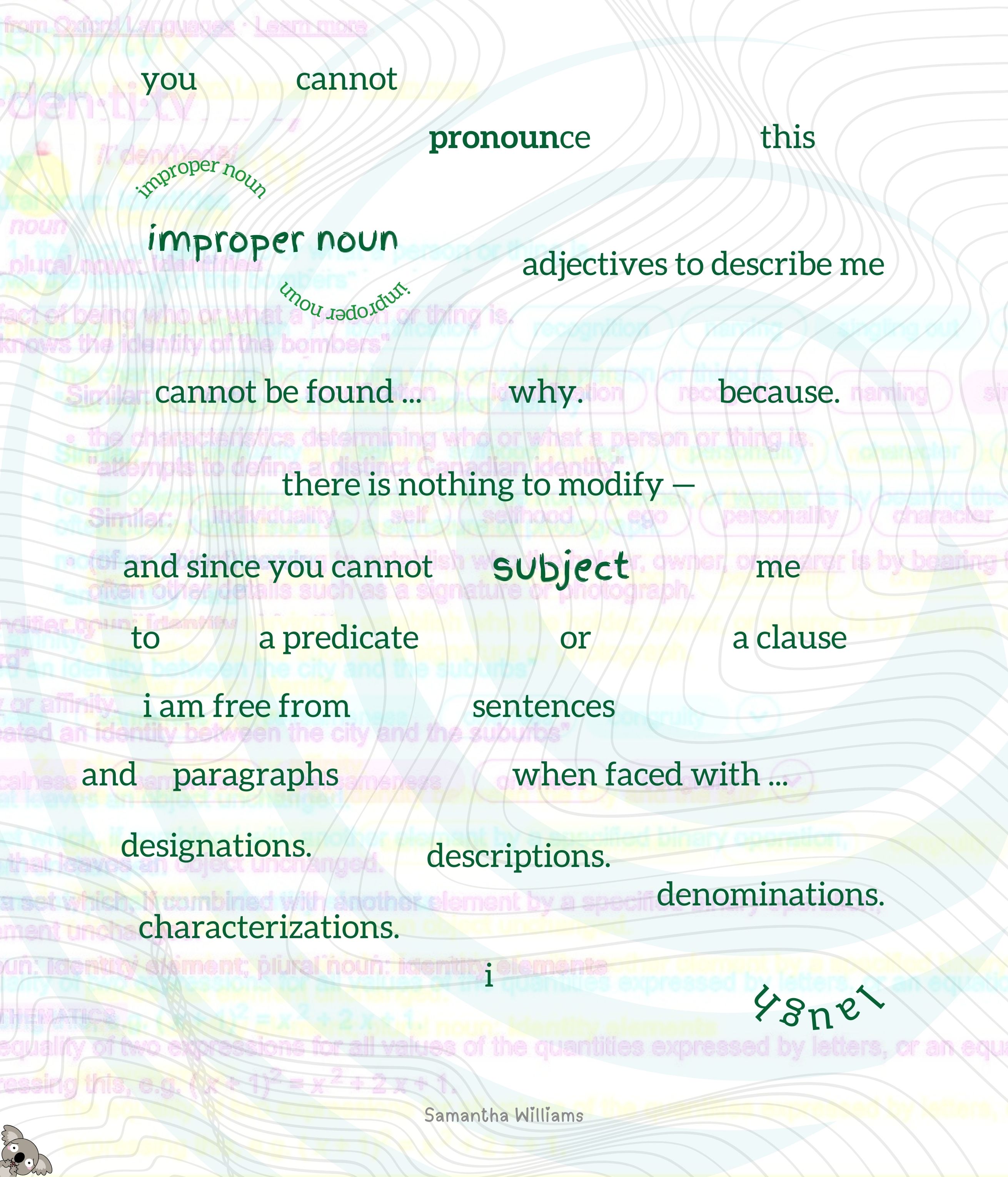 Welcome Earthling: Ociola | Planet PU Abstract poetic text design titled Syntax and Silence by Ociola – Planet PU. The words appear floating over a topographic map-style background with faint dictionary entry for Identity layered behind. A playful koala is hidden in the bottom corner. The visual emphasizes freedom from labels, grammar rules, and identity constructs.