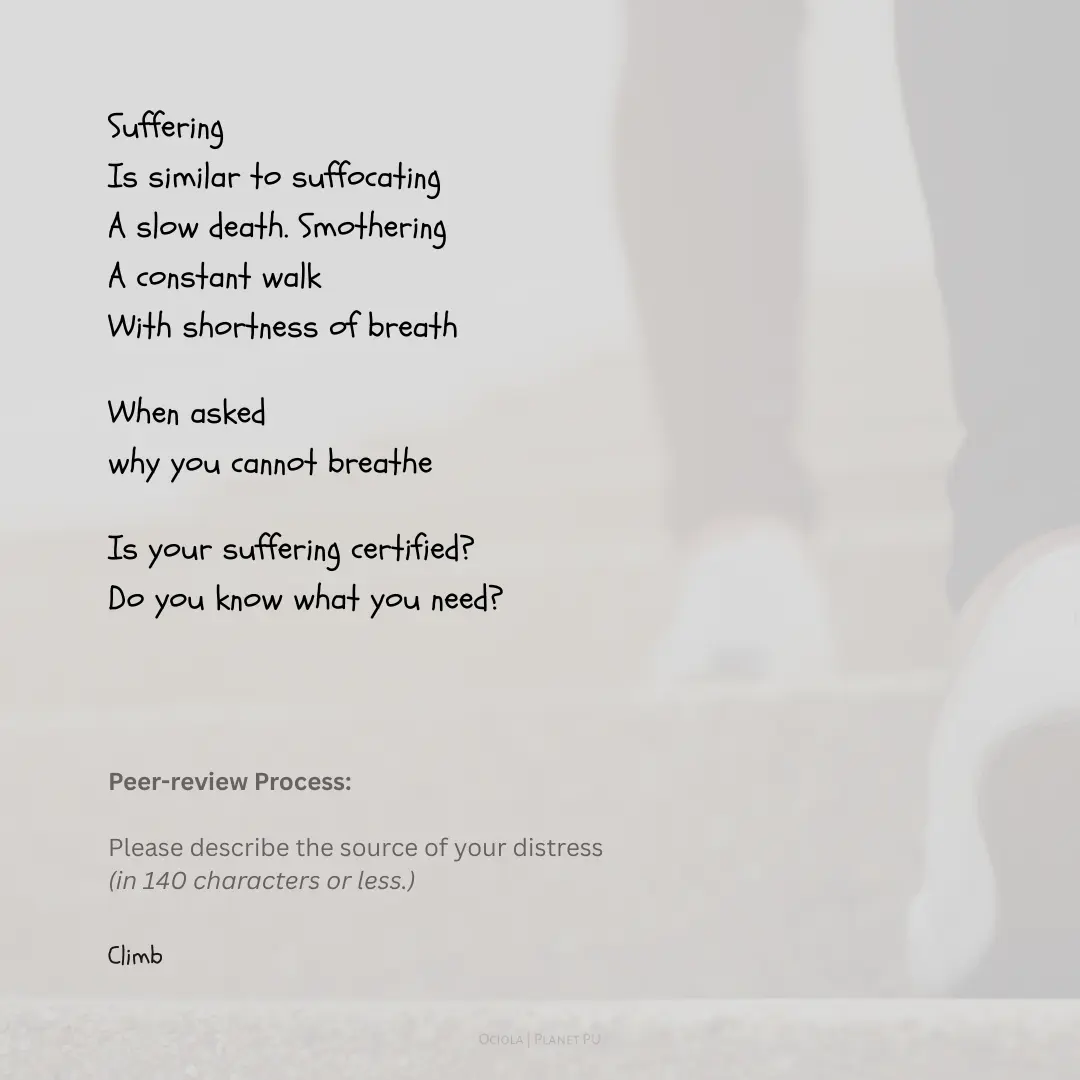 Poem by Ociola about suffering and breathlessness. With the background image of someone climbing stairs
