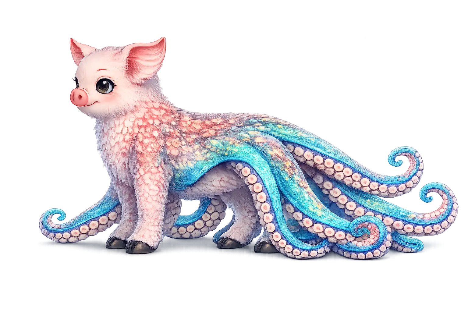 Pigtopus, a pink pig-octopus with blue curling tentacles and small black hooves.
